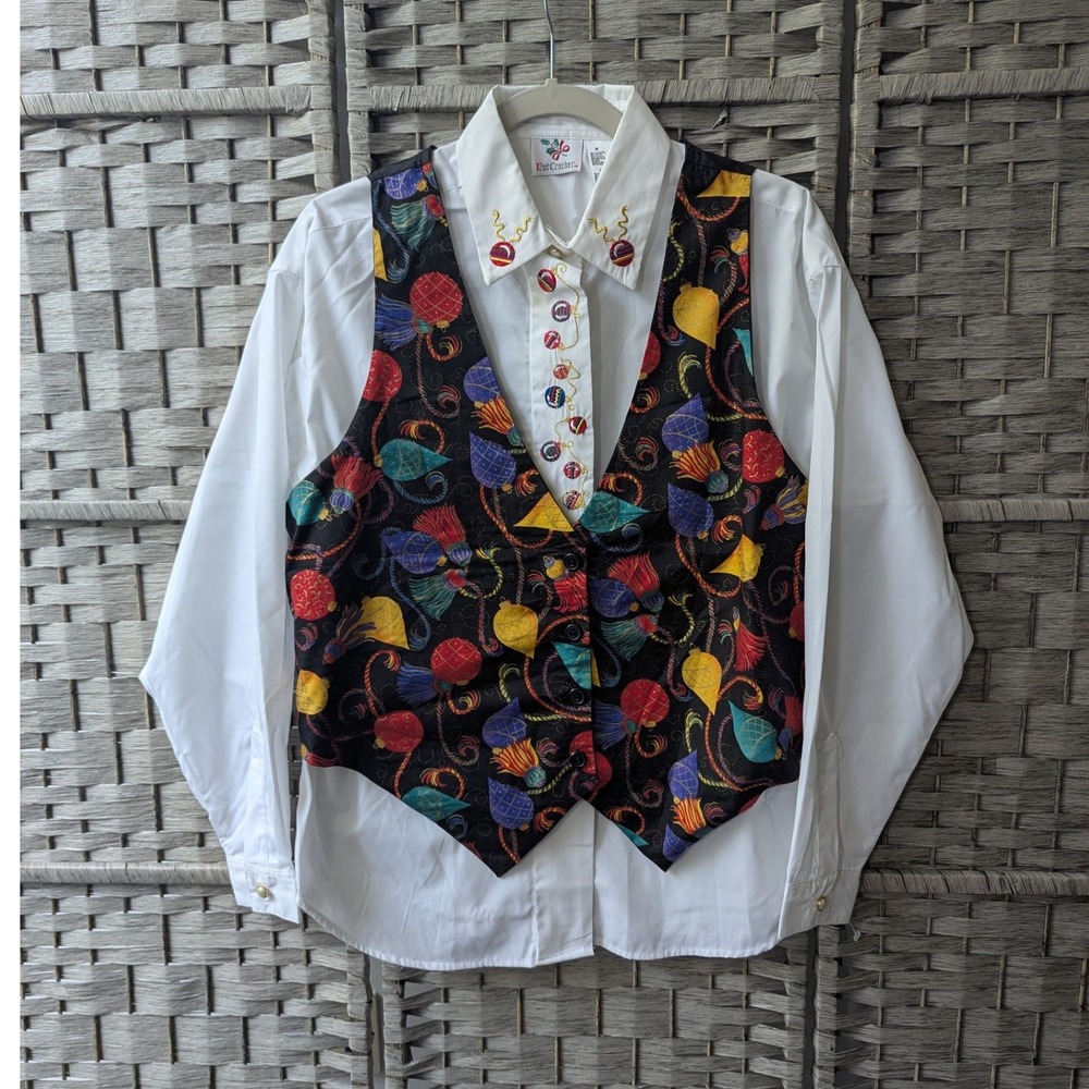 Vtg Nutcracker Shirt Vest Set White Black Ornament Embroidered Sz M Festive